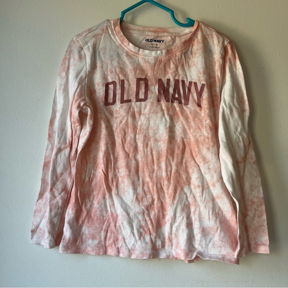 🌼 5/$20 Old Navy Girls Long Sleeve Tie-Dye Logo Tee Shirt Pink White 6T Cotton